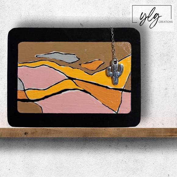 Abstract Painting Mini Tan Pink Orange Cactus Charm 3 x 4 inches Golden Hill - Picture 1 of 7